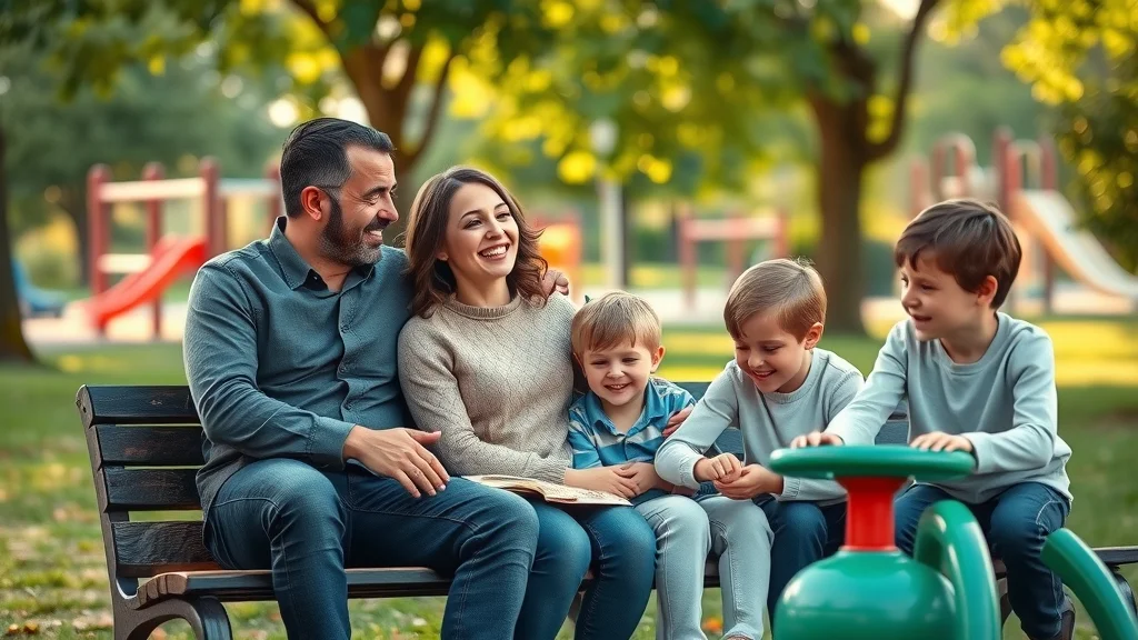 Warm, diverse family at a park. Parents talking on a bench while children play nearby, photorealistic style, natural daylight, leafy suburban setting, smiles. parenting plans for divorced families