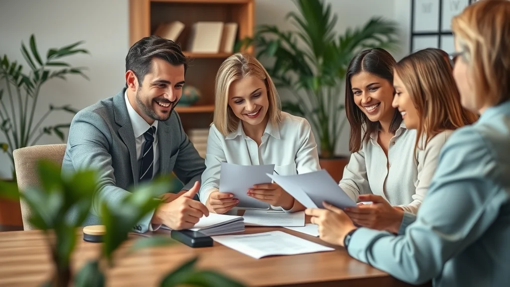 Professional parents and mediator discussing parenting plan documents in a cozy law office. Warm indoor lighting, neutral colors, realistic, parenting plans for divorced families