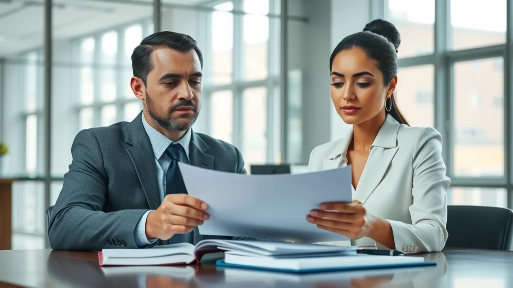Professional couple reviewing legal separation and divorce paperwork in a modern law office, focused expressions, photorealistic, with legal books and pens on table, calming blue and gray palette