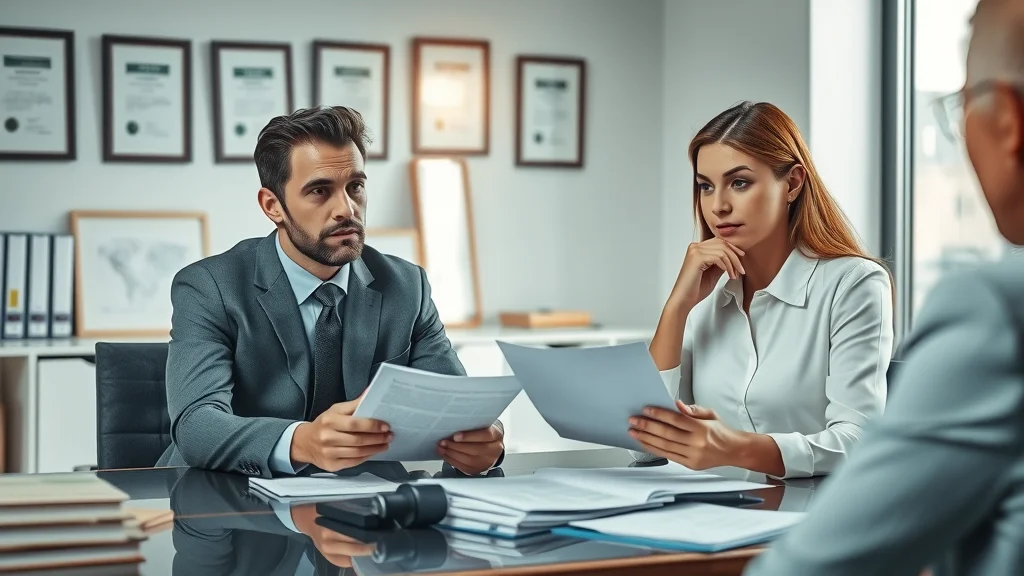 Thoughtful divorced couple dividing assets during divorce at a modern lawyer's office table with mediator present, reviewing legal documents and real estate property files under natural sunlight – high realism