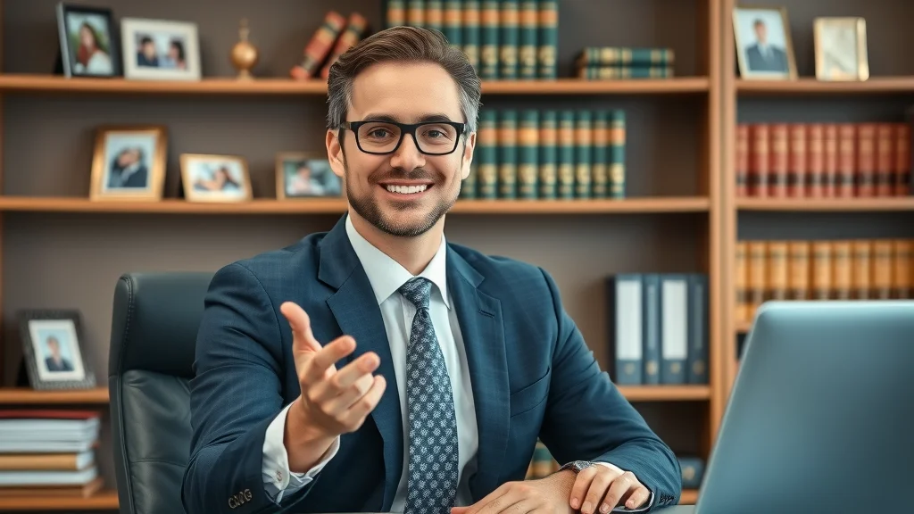 Confident family law attorney in modern office with photos and legal books, professional and friendly, photorealistic, family law, parenting plans for divorced families