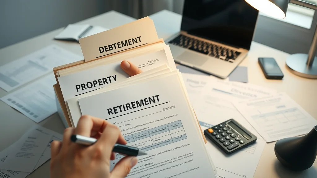 Organized documents and calculator for dividing property and debt during divorce, with folders labeled property, debts, and retirement, set on a modern desk with laptop and mortgage papers