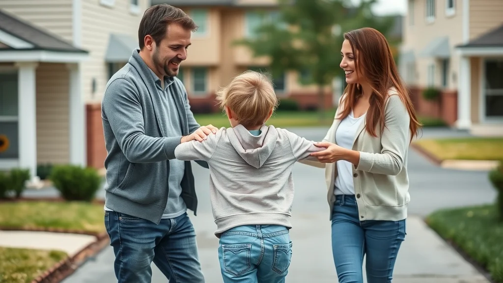 Friendly co-parents exchanging child in a supportive, positive atmosphere, suburban driveway, photorealistic, parenting time, parenting plans for divorced families