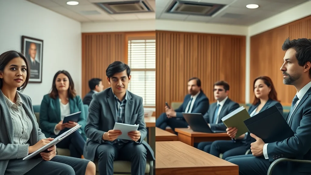 Visual contrast of mediation and litigation with a peaceful mediation room and a formal courtroom, split scene showing parties and legal professionals