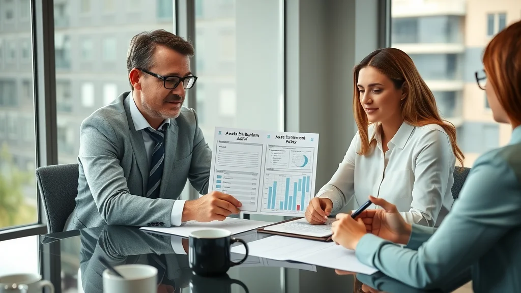 Professional mediator at negotiation table with couple, explaining dividing assets during divorce with charts and paperwork, modern office setting, calm and supportive environment