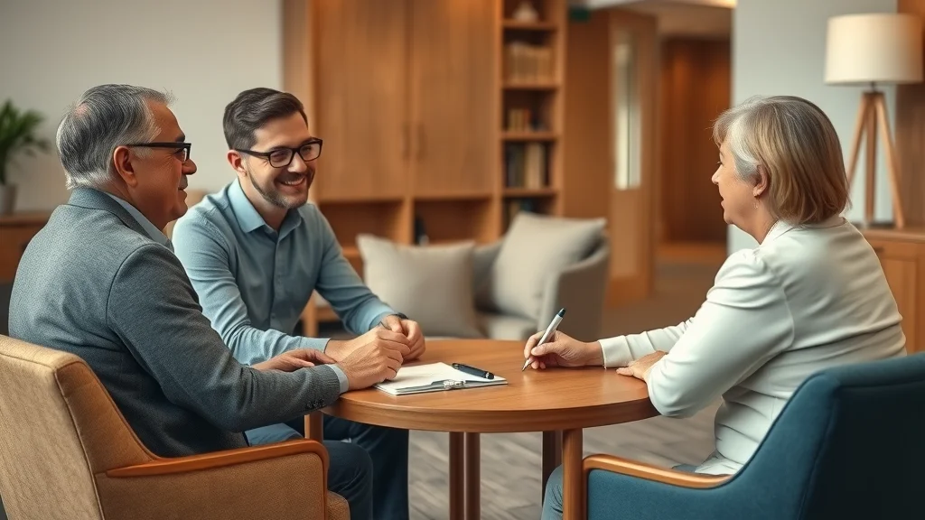Mediation process collaborative session in a legal office with a family and a neutral mediator, paper notepad and pen in use during a mediation session