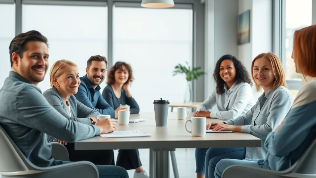Dispute resolution modern meeting room with parties involved in mediation and litigation showing friendly conversation around a table in a contemporary office