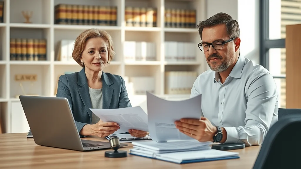 Divorce lawyer meeting with clients discussing legal fees and divorce documents in a professional office. Modern law office with sunlight and legal books.