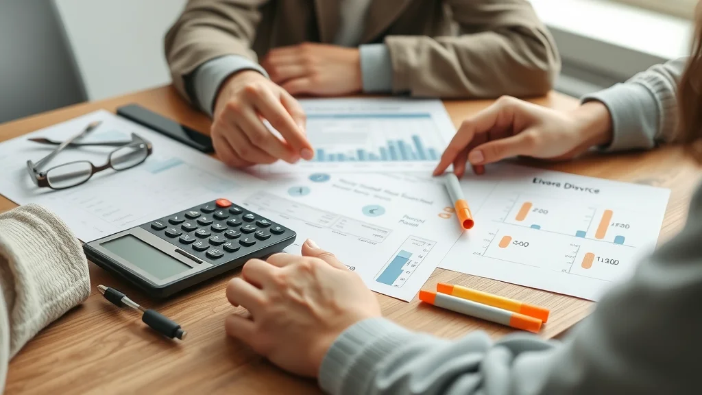 Organizing divorce legal fees—closeup hands, calculator, and paperwork detail for planning divorce cost and attorney fee structures.