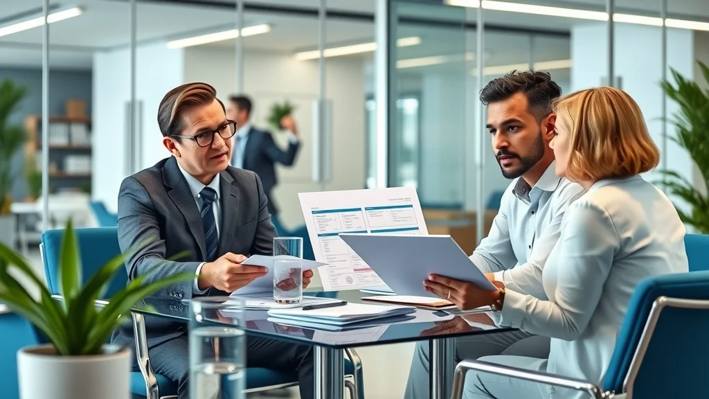 Divorce attorney explaining fee structures—group discussion at modern law office, divorce lawyer displaying fee chart to clients.