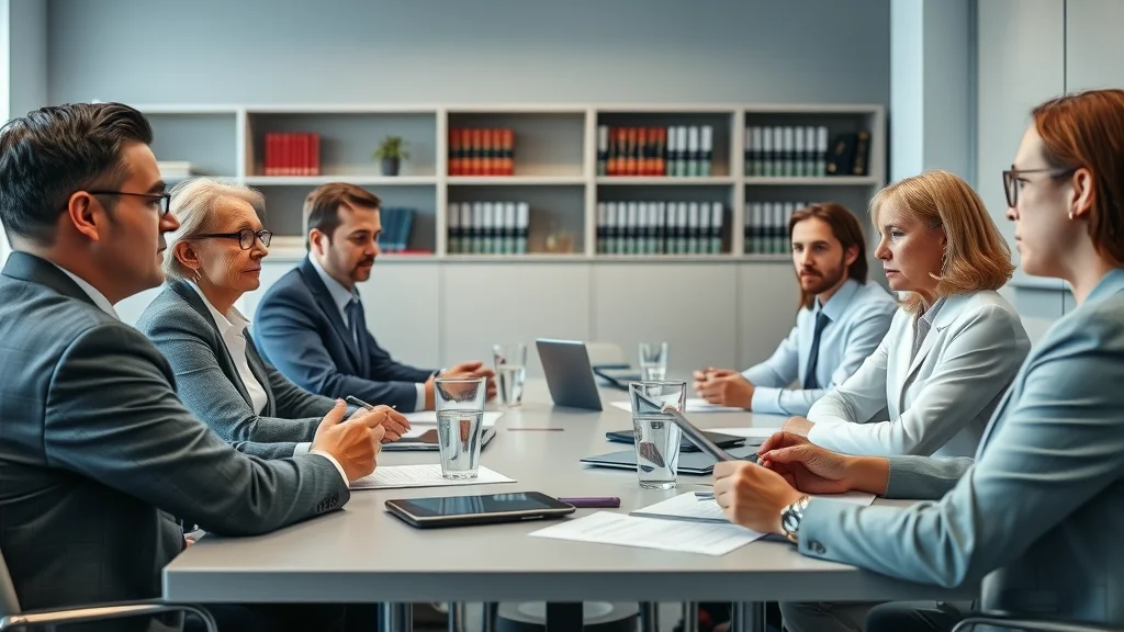 Conference of family law experts and mental health professionals discussing high conflict divorce cases, seminar room, legal bookshelves, photorealistic