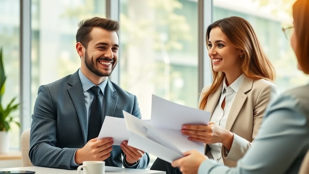 Young couple meeting divorce lawyer for flat fee agreement, discussing predictable legal fees for uncontested divorce in friendly law office.