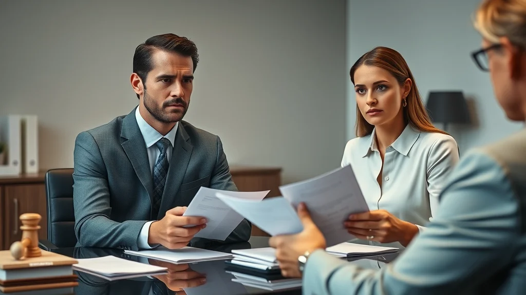 Solemn adult couple sitting at a lawyer’s desk discussing how to choose a divorce lawyer with a professional divorce attorney in a modern law office