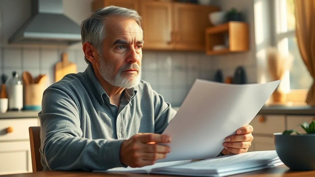 Middle-aged man considering how to choose a divorce lawyer as he reviews paperwork at home