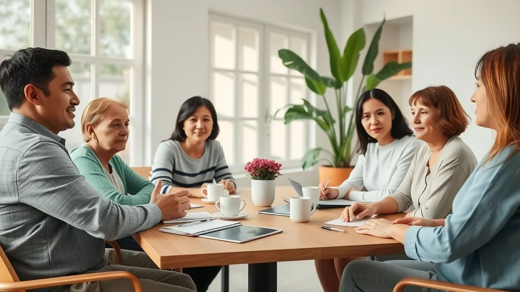 Hopeful mediation scene for high conflict divorce, families and mediator collaborating, modern meeting room, natural light, photorealistic
