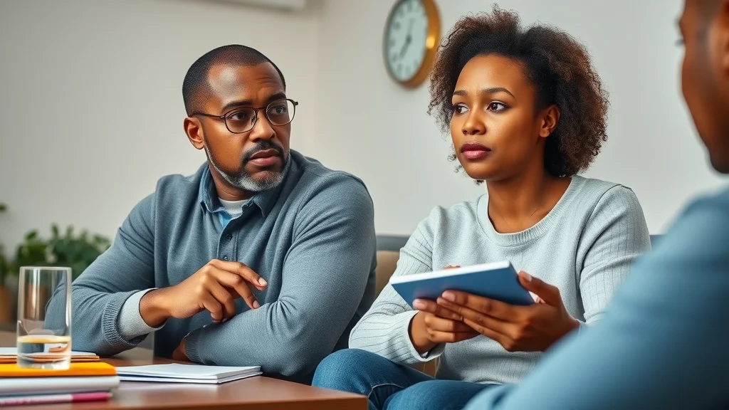Focused parents in mediation discussing family law dispute resolution, photorealistic, meeting room, blue and grey accents.