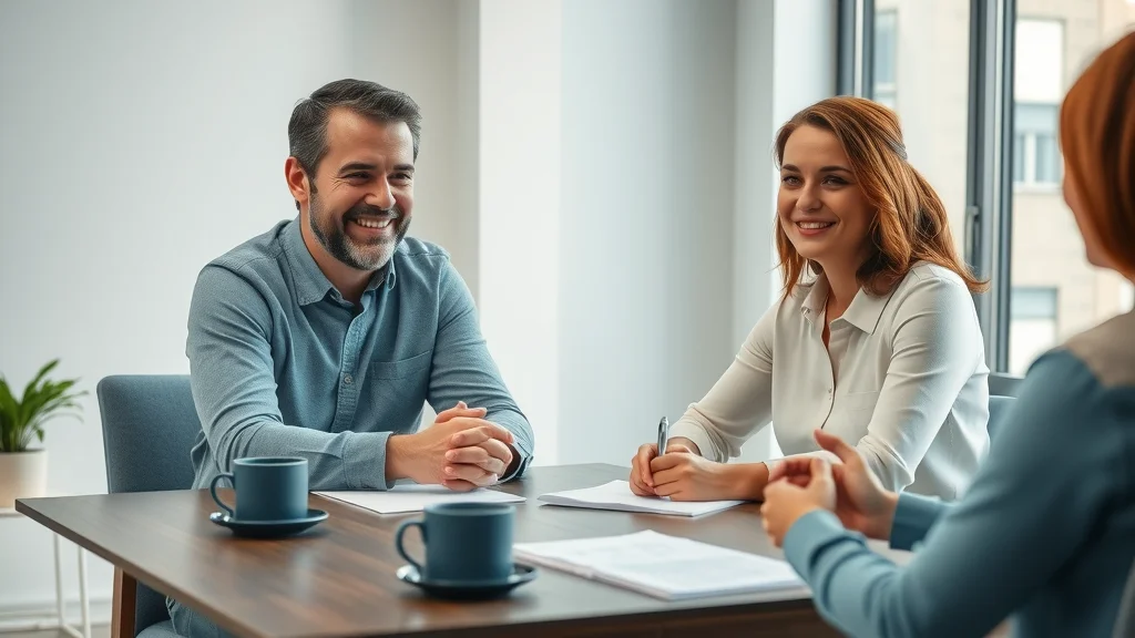 alternatives to divorce litigation - a warm, hopeful couple sitting at a table with a mediator in a modern family law office, discussing calmly with paperwork and coffee mugs.