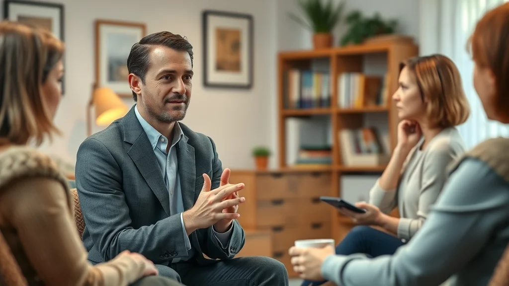 Confident mediator listens in family law mediation, photorealistic, earth-toned mediation room with legal books and tea cup.