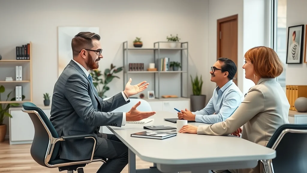 Family law attorney consulting couple about alimony in a modern office