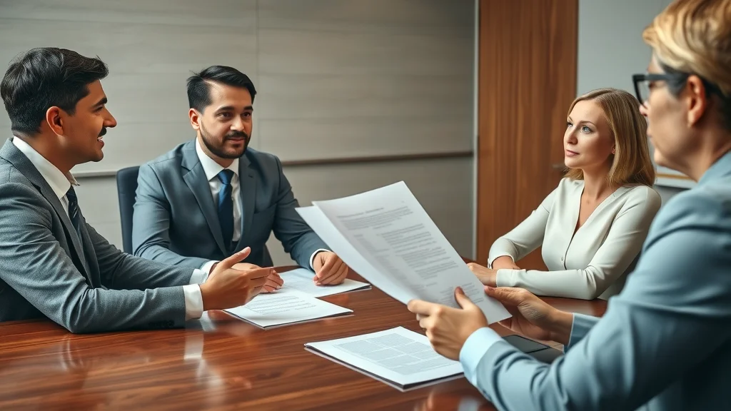 Professional mediator explaining the family law mediation process, photorealistic, legal conference room, beige and blue tones.