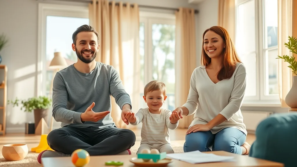 Happy family after mediation agreement on child custody and parenting plan, photorealistic, bright living room, morning light.