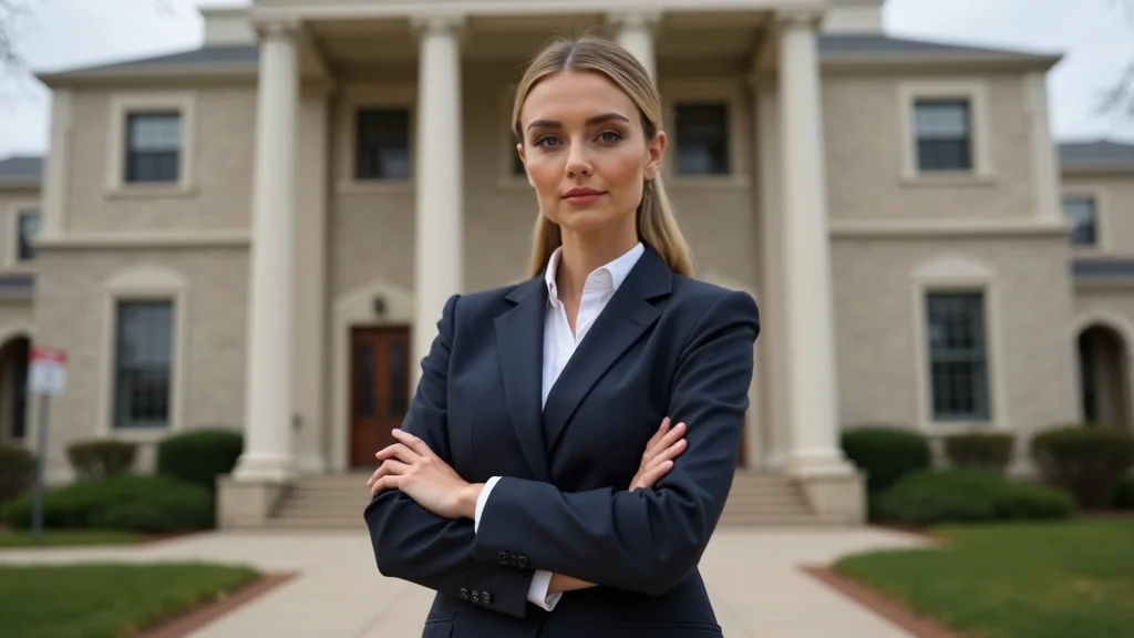 Confident female family law attorney in front of St Charles County courthouse, expert in adoption law