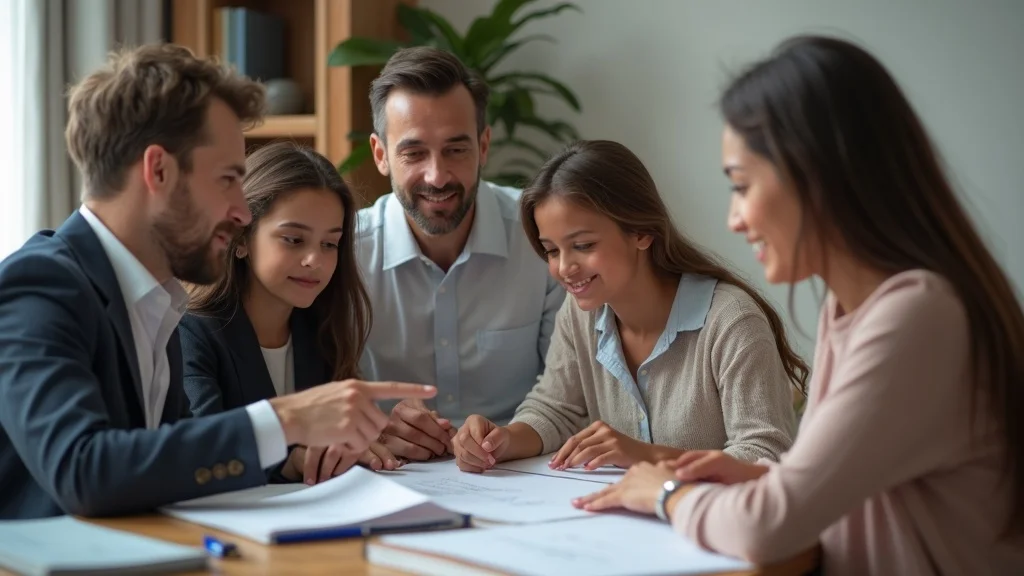 Professional adoption attorney consulting with a diverse family in St Charles MO, adoption law documents discussed in a reassuring attorney's office