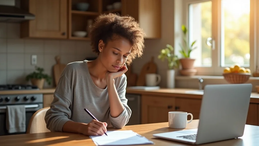 Missouri parent preparing custody modification case, reviewing paperwork and legal information at home, custody modification lawyer website on laptop