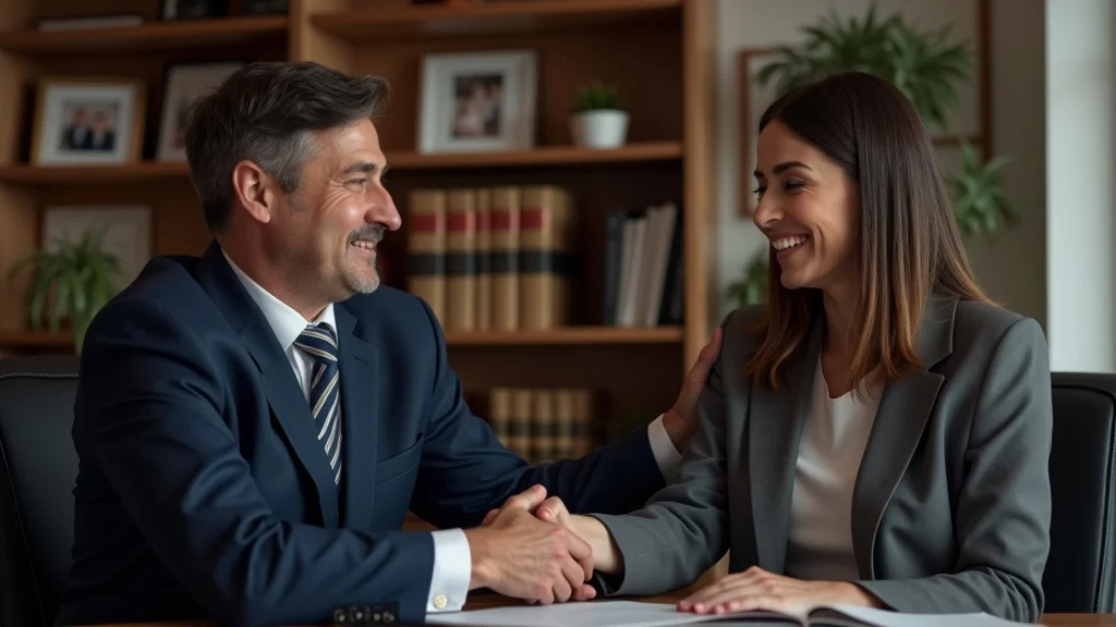 Supportive custody modification lawyer in Missouri reassuring client in law office, law books and family photos in background