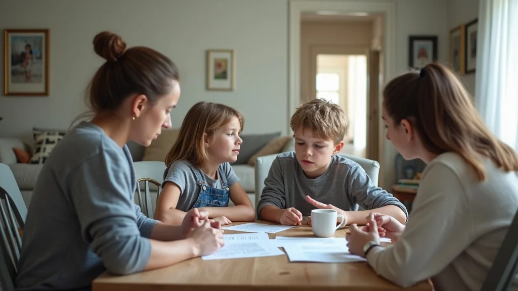 Missouri custody modification lawyer helping a family discuss legal documents in a St. Louis home, legal papers on table, reassuring discussion