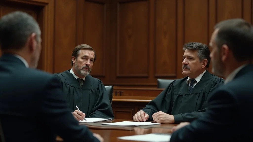 Professional appellate court scene with judges reviewing a custody appeal, attorneys presenting, in a formal courtroom with classic wood architecture.