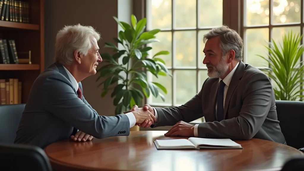 relocation case - Co-parents shake hands with mediator in law firm office