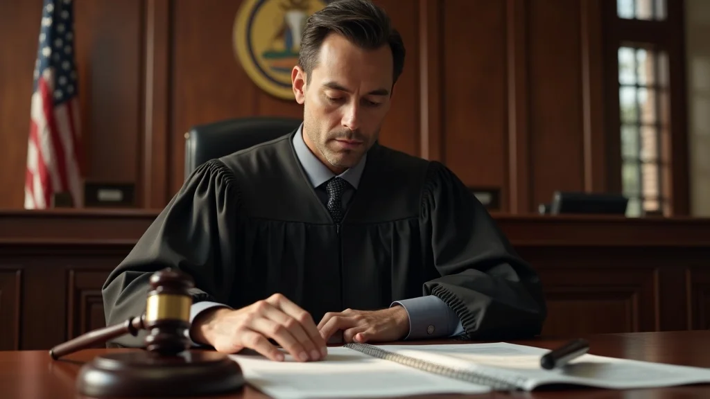 Professional judge making a child custody decision in a traditional courtroom, reviewing legal paperwork, gavel on desk, with state seal in background.