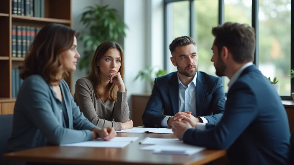 Thoughtful parents discussing child custody decision with a family law attorney in a modern law office, exhibiting attentive and calm expressions.