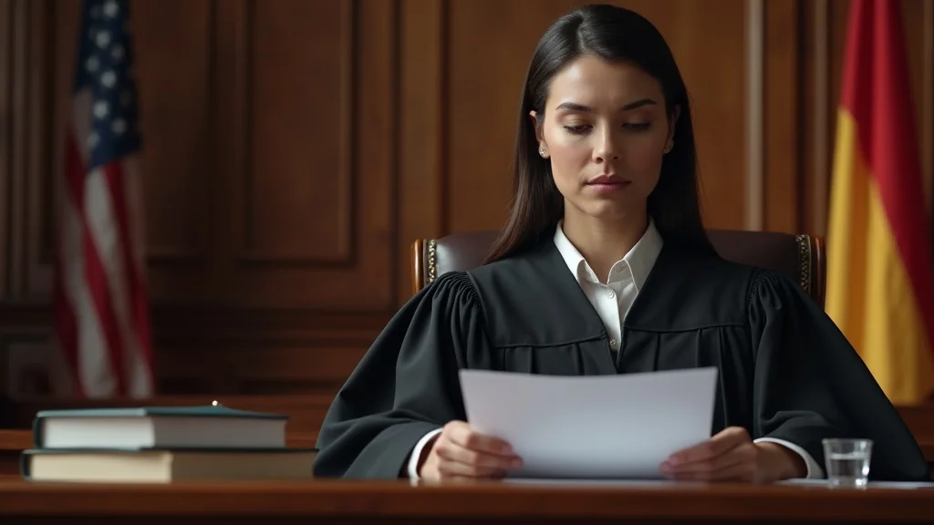 relocation law and custody order - Female judge reviews child custody case documents in courtroom