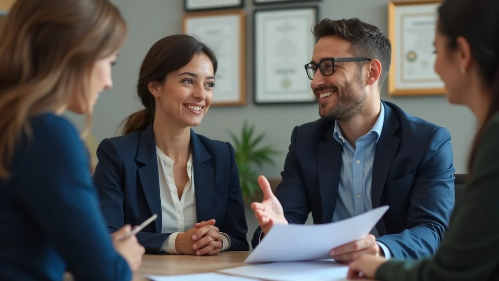 Confident family law attorney consulting empathetically with a client about appealing a child custody decision, in a contemporary law office setting.