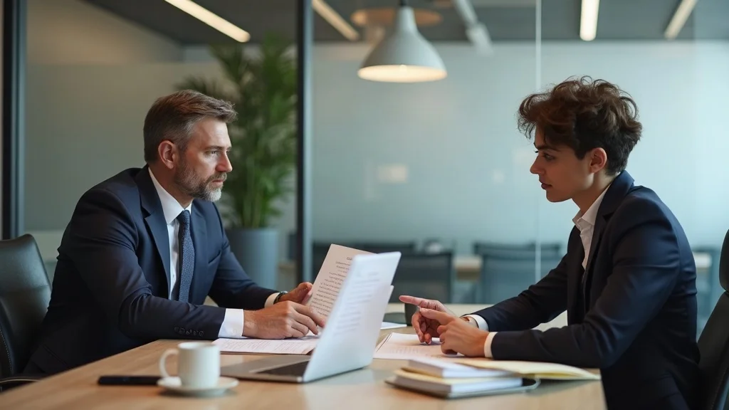 Modern legal consultation discussing navigating property division in divorce, attorney points at asset checklist with client in private meeting room with glass walls, organized folders, photorealistic detail, daylight.