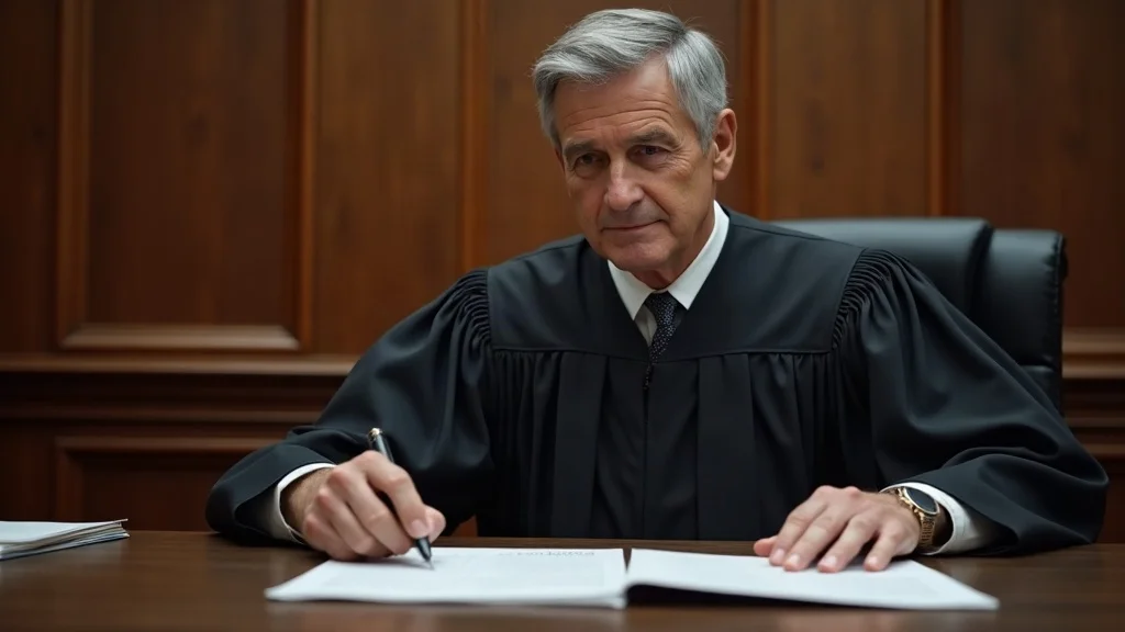 Formal judge in family court overseeing adoption process, reviewing legal documents for proper vision system checks. Classic wood courtroom, judge and court clerk, soft blue-gray tones, realistic detail.