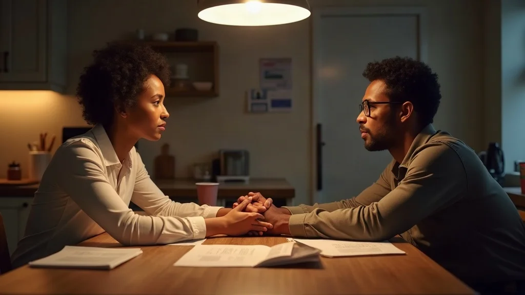 Diverse couple discussing navigating property division in divorce — serious conversation, gentle hand holding, subtle paperwork in a softly lit kitchen, photorealistic and warm.