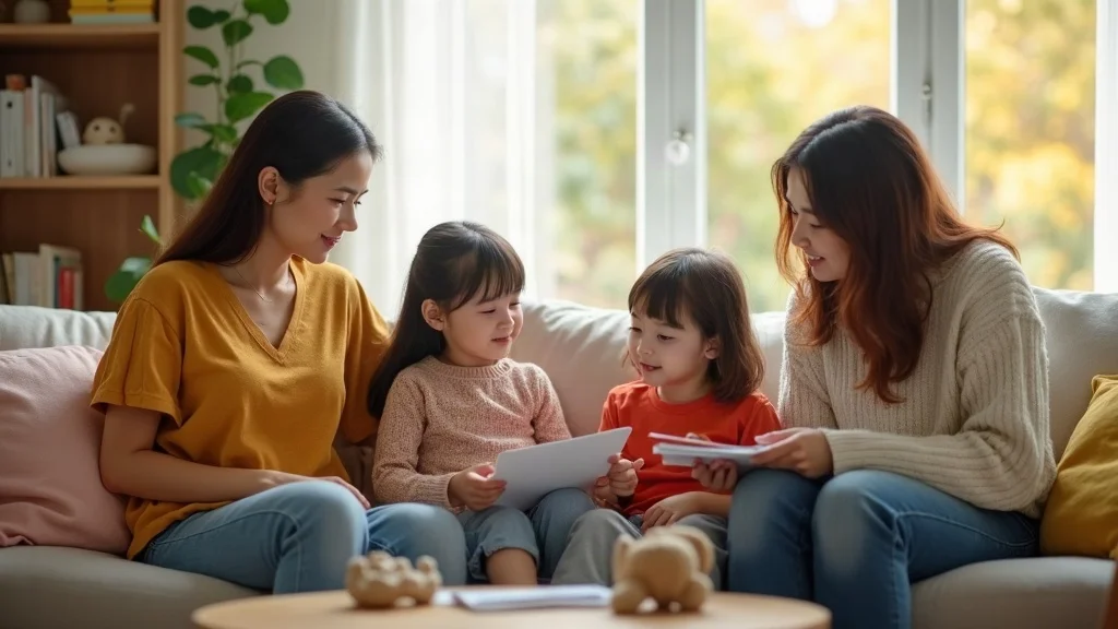 Inviting home environment for home study as part of the overview of adoption process in family law. Social worker observing welcoming family, family-friendly décor, bright and tidy, daylight from large windows.