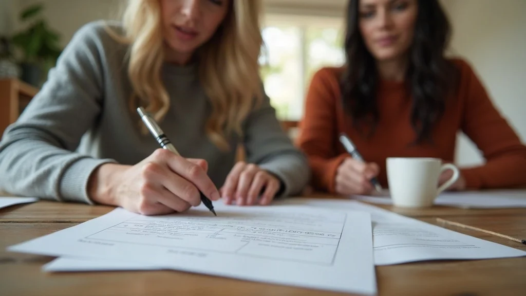 Prospective parents thoughtfully filling out adoption forms and checklists at home for the overview of adoption process in family law. Cozy kitchen, focus on paperwork, realistic textures, soft greens and warm woods, afternoon light.