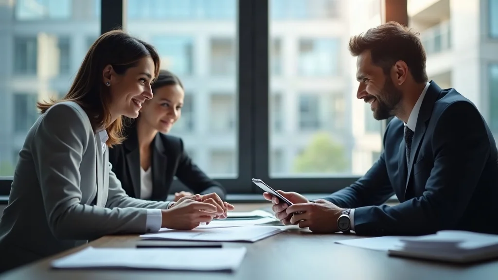 Professional couple meets with a calm, smiling family lawyer — neutral expressions, seated at a table with papers and digital tablet, styled as photorealistic, set in a modern law office with large windows and soft daylight, featuring hands passing documents and ambient clutter, rendered with high texture detail, sharp realism, subtle cool blue and warm gray palette, under diffused natural light, captured as if shot with a 50mm lens. navigating property division in divorce attorney consultation.
