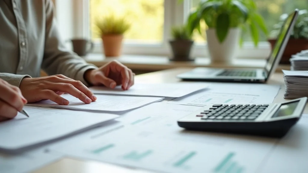 Organized documents on a tidy table with subtle hands sorting asset papers for navigating property division in divorce — focused expressions, paperwork and calculator, styled as photorealistic in a bright, contemporary home office, digital tablet and neatly stacked folders, natural daylight.