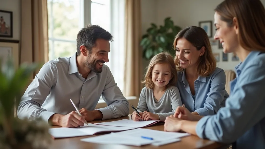 Warm, hopeful family at a lawyer's office discussing the overview of adoption process in family law with a legal professional. Modern, welcoming office, adoption documents, smiling parents and child. Photorealistic, high realism, crisp quality, blue and beige palette.