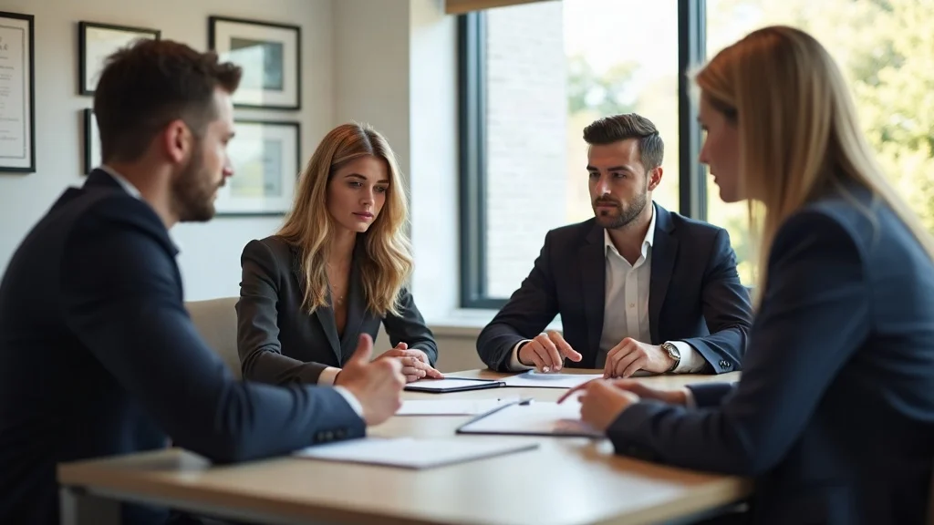 Professional modern law office interior with family law attorney and couple discussing marital property vs. non marital property in a Missouri divorce