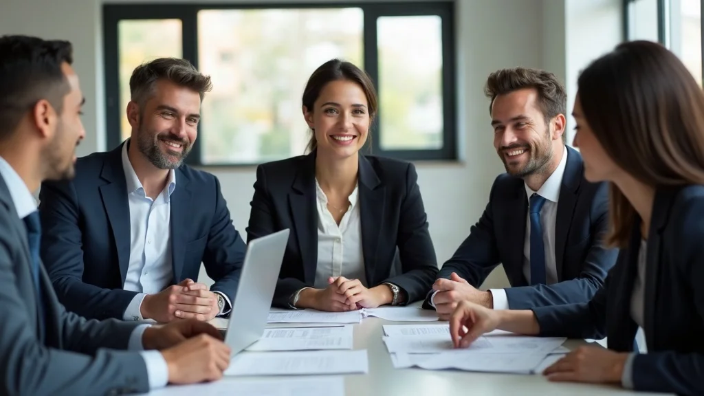 Professional legal team at Lecour Family Law collaborating in a bright office, smiling and approachable, consulting over adoption paperwork—overview of adoption process in family law context.