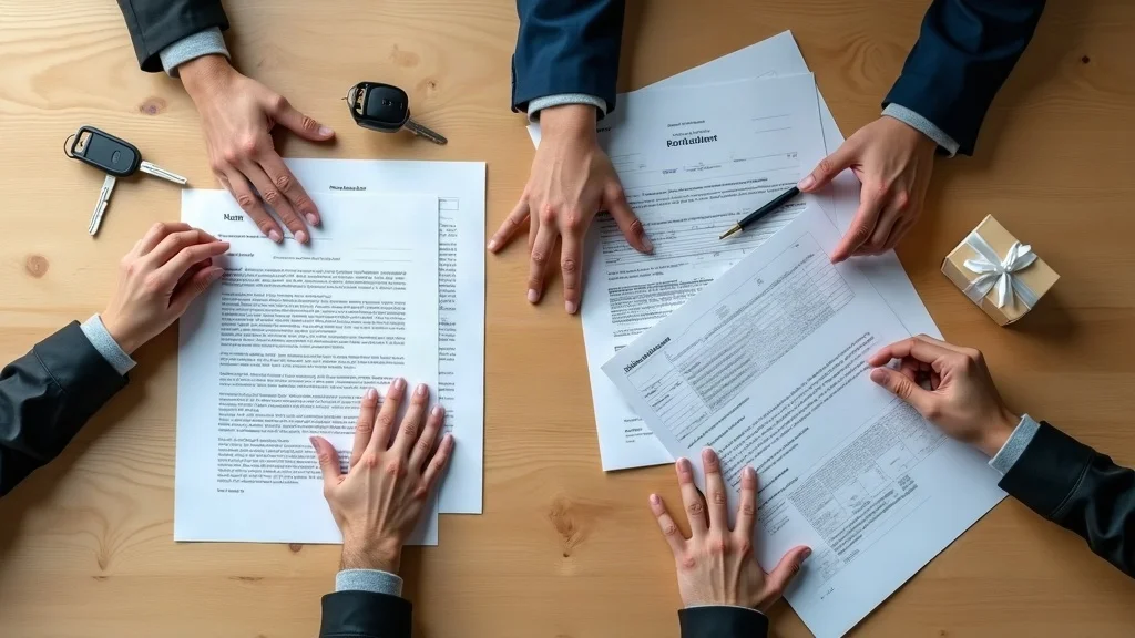 Two piles representing marital and non marital property in Missouri divorce: home deed, car keys, bank statement vs. will, business folder, gift box