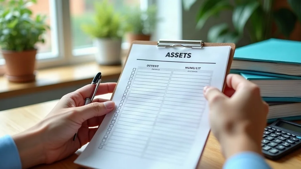 Visual checklist for navigating property division in divorce — hands with completed checklist, folders, calculator, photorealistic, organized, near window with plants, soft daylight.