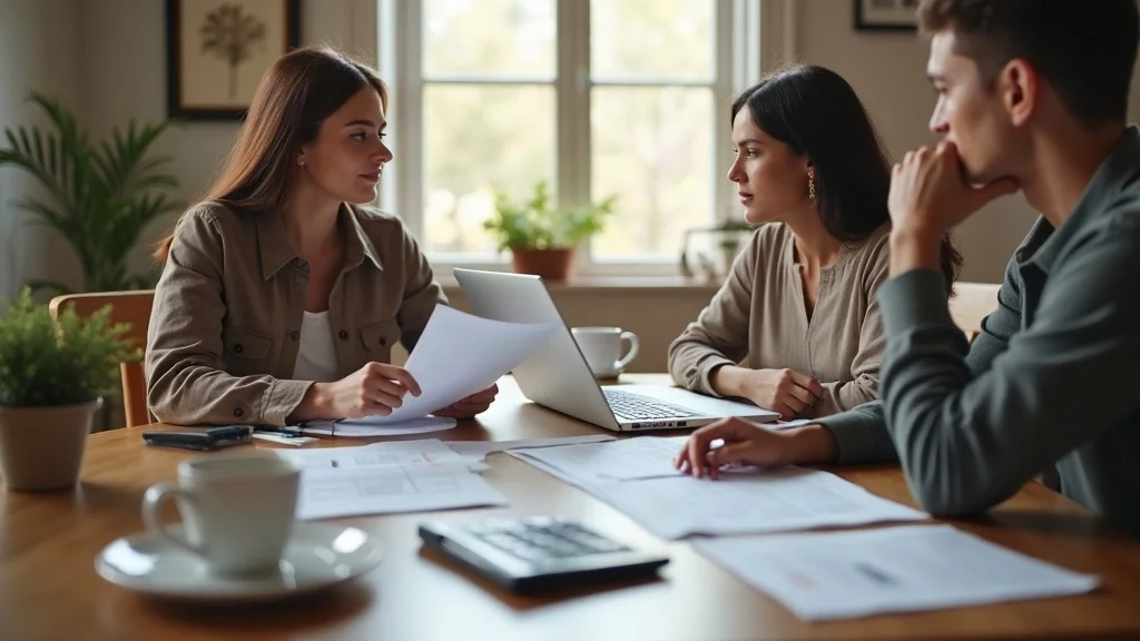 Couple organizing money and property paperwork during legal separation